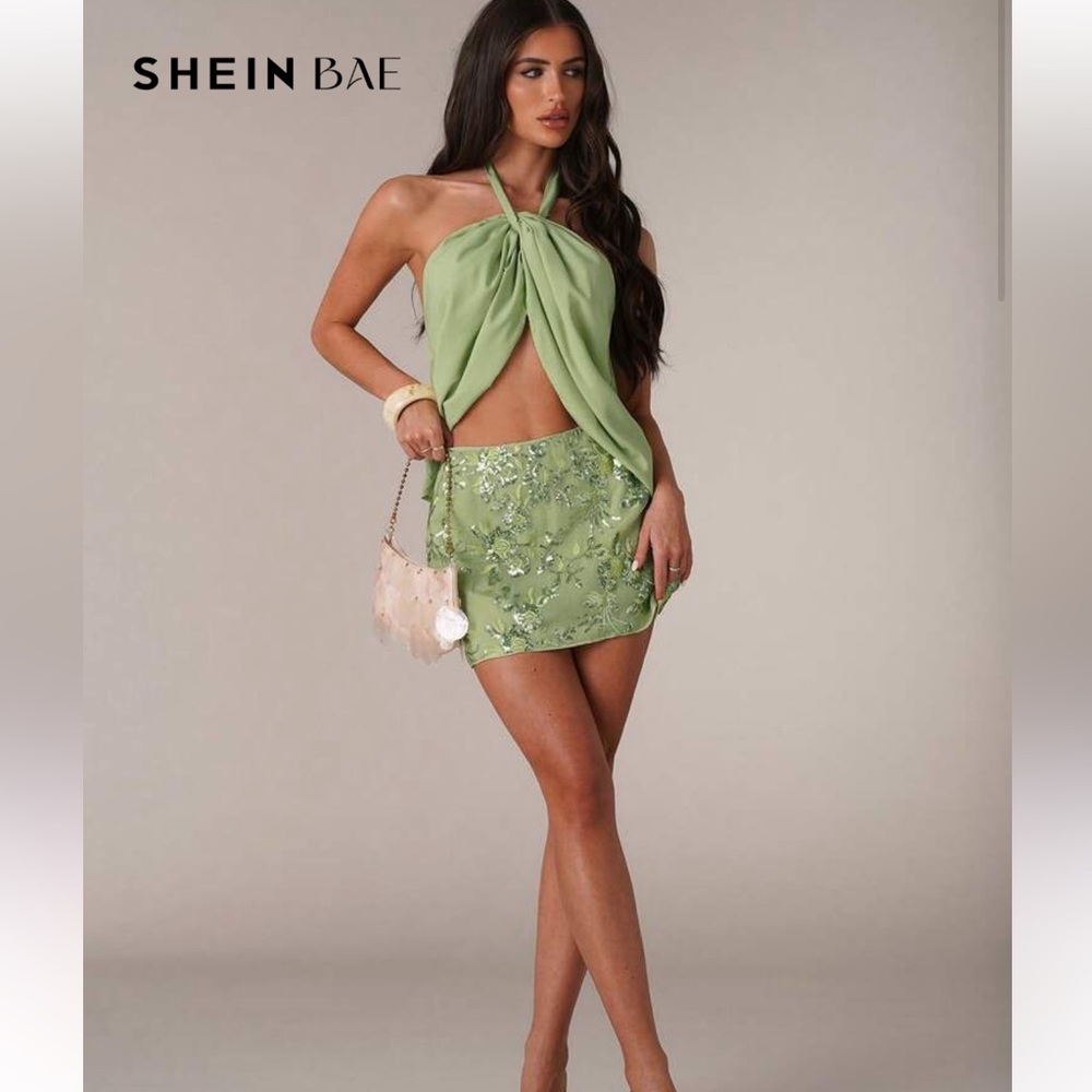 Embroidered Leaf-Accent Mini Skirt & Halter Top in Light Green S
